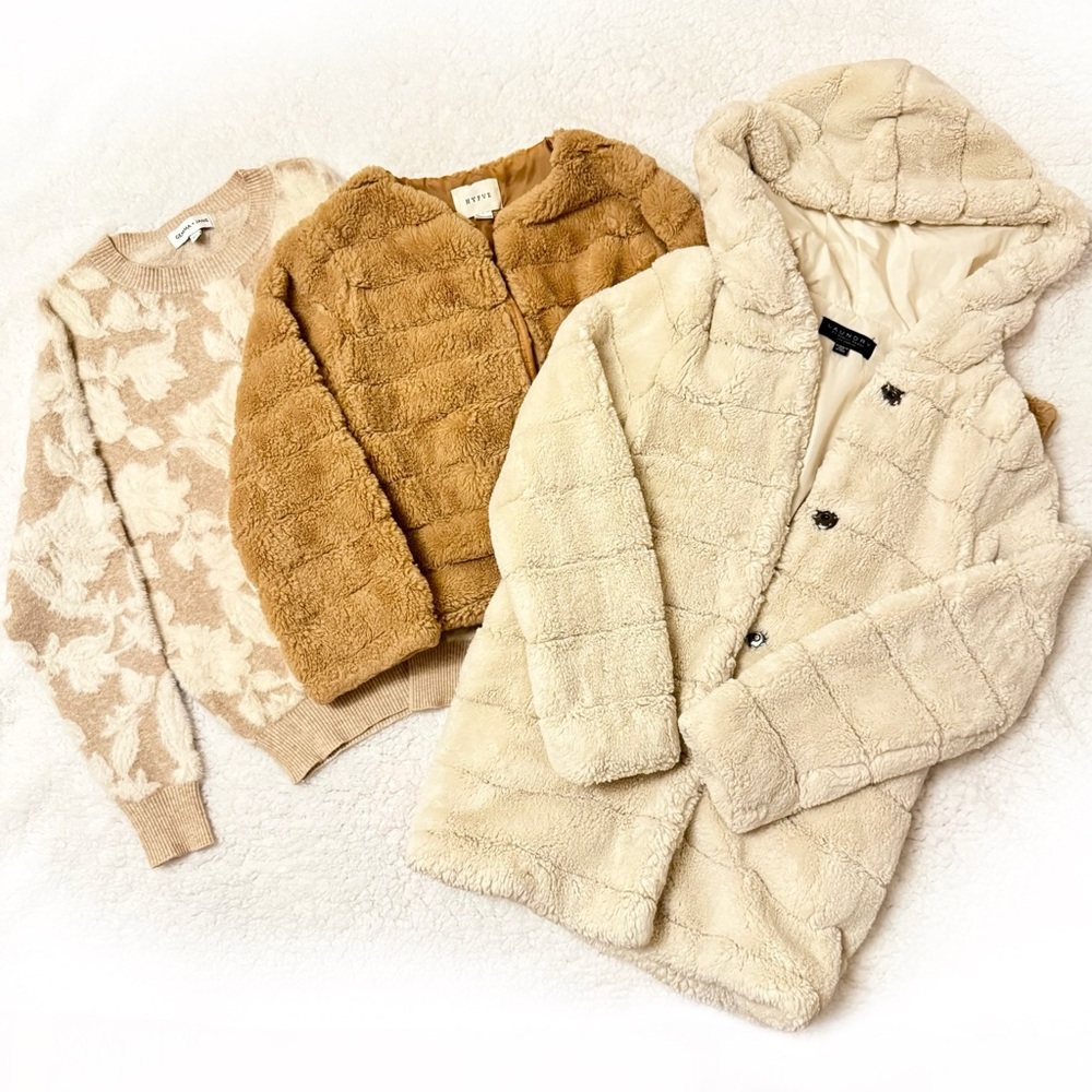 Laundry By Shelli Segal, Bundle of Cozy Faux Fur Jackets + Beige Knit Sweater